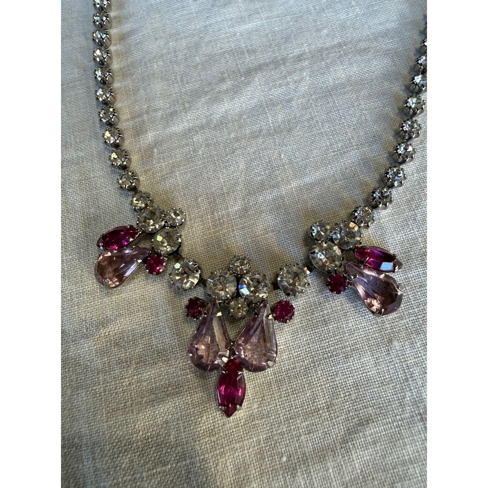 Vintage Crystal Necklace Set Rhinestone Earring Pink Purple Stones Silver tone